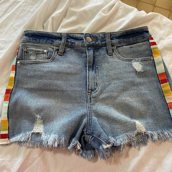 Tinseltown Pants - Tinseltown Blue Denim Jean Shorts with Rainbow Side Trim